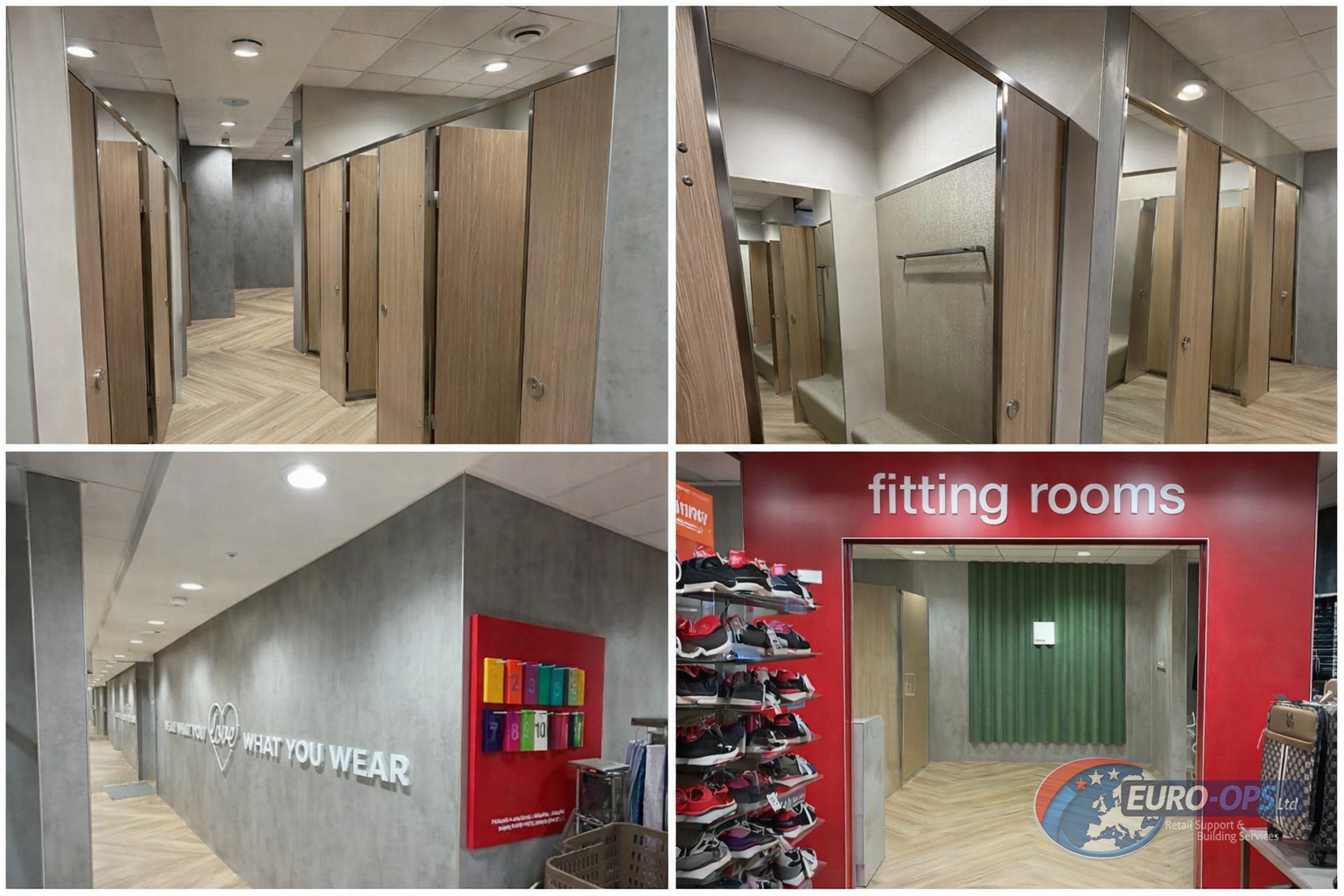 Completed TK Maxx fitting room refurbishment with timber cubicles, commercial flooring and contemporary wall finishes